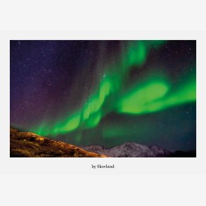 Nordlyset danser &ndash; gr�nne nordlys over arktisk landskab og stjernehimmel, A5 kunstpostkort fra Gr�nland.