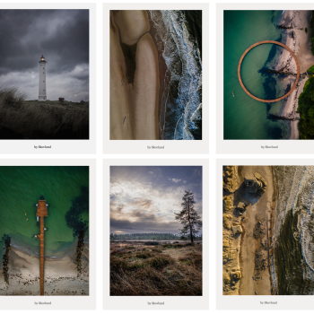 Skabt i Danmark postkortpakke med seks kunstpostkort, der viser kyst, hede, fyrt�rn og landskaber i overgange mellem lys, spor og stilhed.