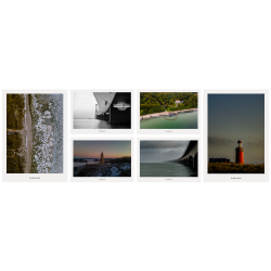 Postkortpakke med seks kunstpostkort fra Danmark, der viser kyst, hav, broer, fyrt�rn og �bne landskaber med fokus p� horisont og rum.